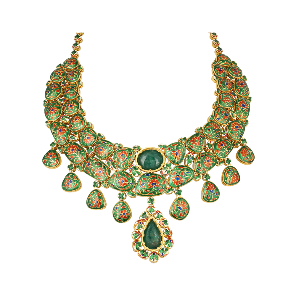 Polki Necklace with Green Meena and Emerald Cabochons